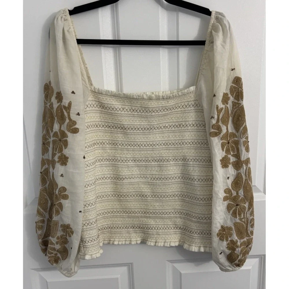 Anthropologie ivory gold embroidered blouse with balloon sleeves XL‎